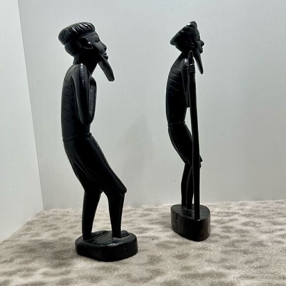 Vintage Pair of Hand Carved Tanganyika East African Tribesmen Statues Ebony 10”H - Picture 4 of 12